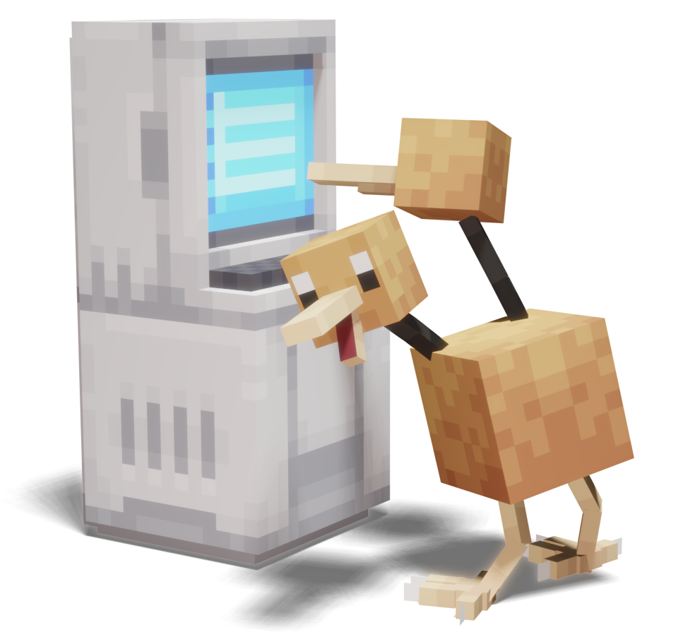 A blocky Doduo using a Cobblemon PC